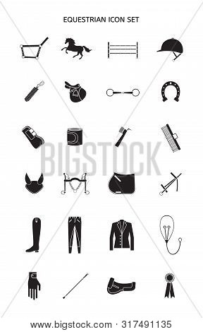Vector Flat Black Set Collection Of Outline Equestrian Horse Equipment Icon Isolated On White Backgr