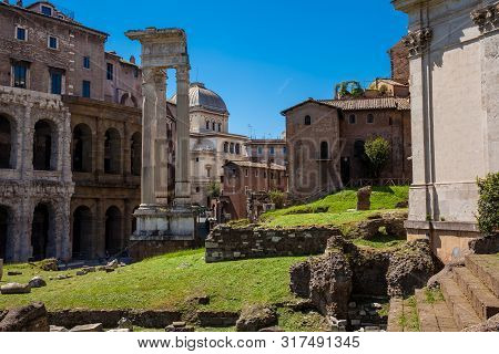 Rome, Italy - April, 2018: Temple Of Apollo Sosianus And Theatre Of Marcellus In The Campus Martius 