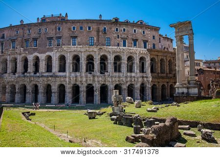 Rome, Italy - April, 2018: Temple Of Apollo Sosianus And Theatre Of Marcellus In The Campus Martius 