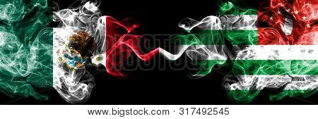 Mexico Vs Abkhazia, Abkhazian Smoky Mystic Flags Placed Side By Side. Thick Colored Silky Abstract S