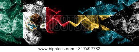 Mexico Vs Bahamas, Bahamian Smoky Mystic Flags Placed Side By Side. Thick Colored Silky Abstract Smo