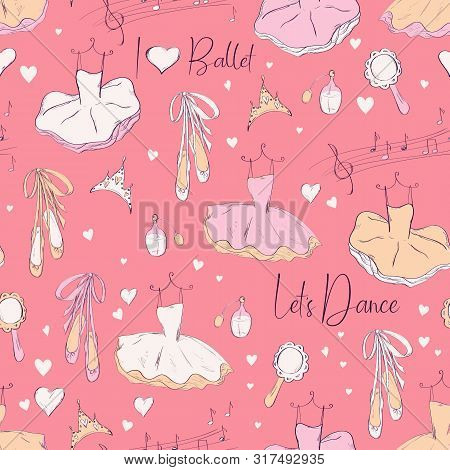 Seamless Pattern With Ballerina And Accessories.  Hand Drawn Design For Birthday And Baby Shower Gre