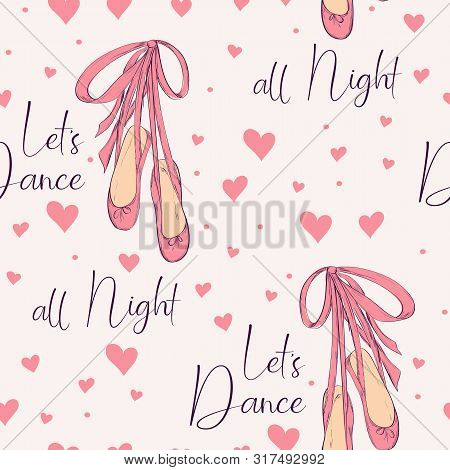 Seamless Pattern With Pointe Shoes For Ballerina.  Hand Drawn Design For Birthday And Baby Shower Gr