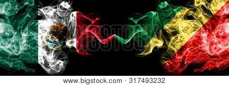 Mexico Vs Congo, Congolese Smoky Mystic Flags Placed Side By Side. Thick Colored Silky Abstract Smok