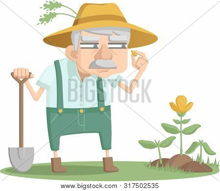 The Curious Gardener At Work. An Old Man Is Looking Over His Garden