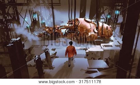 The Boy Walking To The Broken Giant Robot Which Is Being Repaired In Old Factory, Digital Art Style,