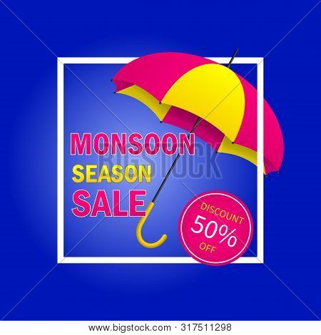 Monsoon Sale Offer Background With Ribbon And Umbrella. Monsoon Season Sale Concept For Poster, Flye