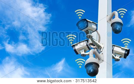Cctv System Camera On Pole Surround Wifi Security System Technology, Lungs Separated From The Backgr