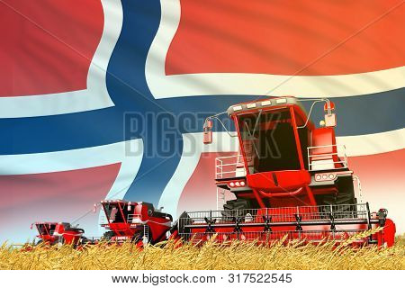 Industrial 3d Illustration Of Red Rye Agricultural Combine Harvester On Field With Norway Flag Backg