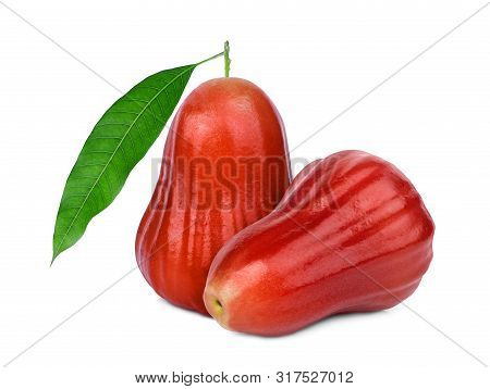 Whole Rose Apple Or Chomphu With Green Leaf Isolated On White Background