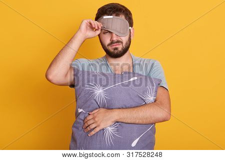 Portrait Of Bearded Man In Dressing Gown And Mask To Sleep On His Head, Wants To Continue Sleeping, 