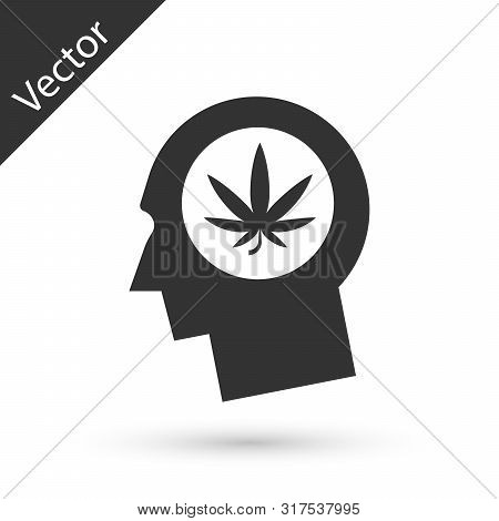 Grey Silhouette Of Male Head In Profile With Marijuana Or Cannabis Leaf Icon Isolated On White Backg