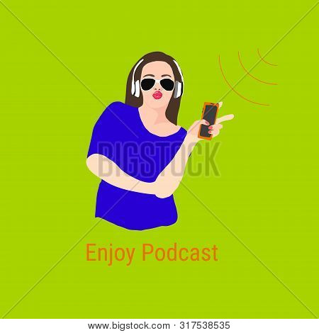 European Woman  In Sun Glasses And White Earpods Wearing Bright Blue Dress Holds Orange Mobile Phone