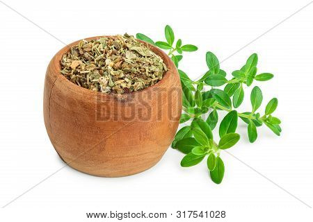Dried Thyme Leaves In The Wooden Bowl, With Fresh Thyme Isolated On White Background