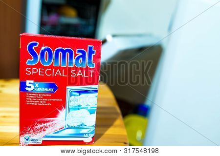 Miercurea Ciuc, Romania- 17 August 2019: Somat Special Salt In Front Of An Opened Dishwashing Machin