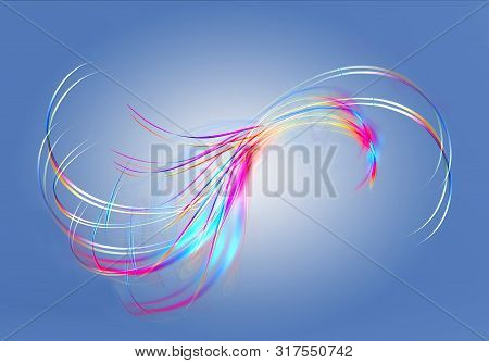 Abstract Bright Iridescent Twisted Wavy Lines Intersect In The Shape Of A Fan On A Bluish Gradient B