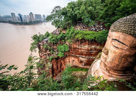 Wide Angle Top View Of Leshan Giant Buddha Or Dafo In Leshan Sichuan China