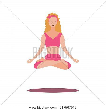 Levitating Woman With Blond Hair In Lotus Position. Young Girl In Pink Clothes In A Process Of Medit