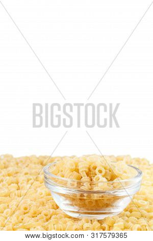 Close Up Shot Of Ditalini Italian Pasta. Pasta Background Pattern . Italian Food.