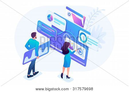 Isometric Concept Young Entrepreneurs Insist Data For Digital Marketing, Advertising On The Internet