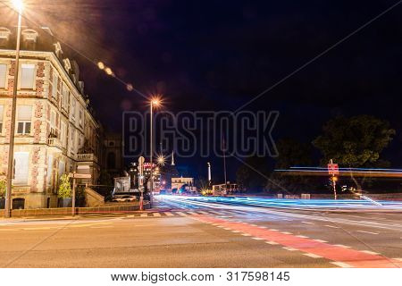 Luxembourg, Luxembourg - June 4, 2019: Night Street View With Car Light Trails In City Center Of Lux