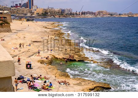 St Julien City, Malta - July 15, 2019. View Of The Marina Bay, Portomaso Tower In St. Julians City. 