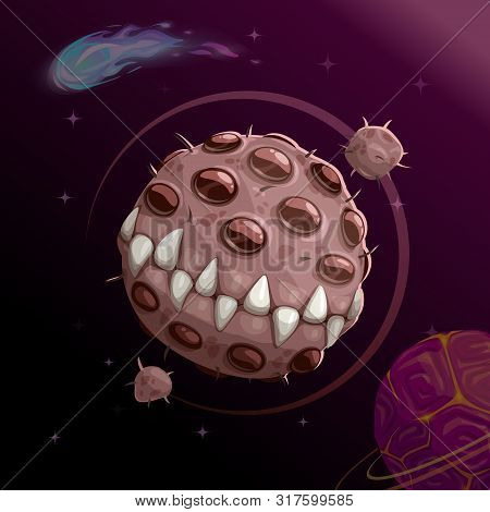 Cartoon Creepy Monster Planet With Spittle Mouth And Jaws On The Dark Space Background.
