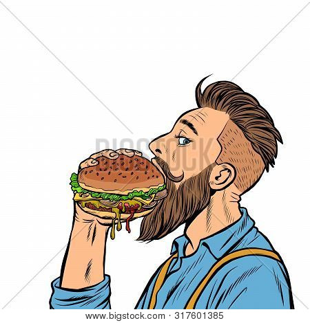 Hipster Man Eating Burger. Pop Art Retro Vector Stock Illustration Drawing