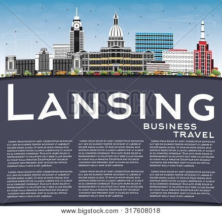 Lansing Michigan City Skyline with Color Buildings, Blue Sky and Copy Space. Business Travel and Concept with Historic Architecture. Lansing USA Cityscape with Landmarks. 