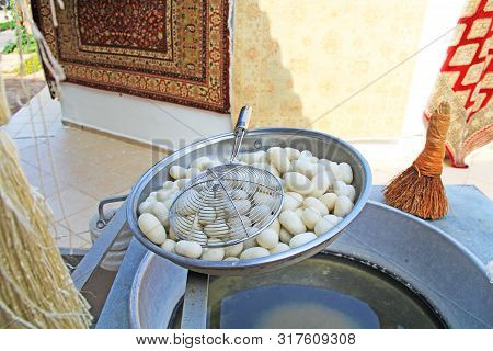 Equipment For Separating Fine Silk Threads From Cocoons In A Kibbutz In Turkey Near Selcuk.