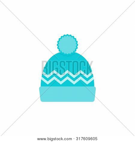 Winter Hat Icon. Vector. Knit Wool Beanie With Pompom. Blue Knitted Ski Cap Isolated On White Backgr