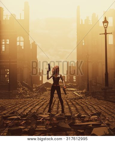 Sci-fi Fiction Girl With Pistols In Ruined City,3d Illustration For Book Cover