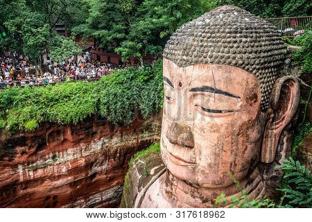 Close-up View Of The Head Of Leshan Giant Buddha In Leshan Sichuan China