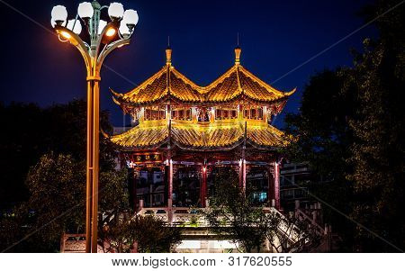 Scenic View Of Illuminated Hejiang Pavilion At Night In Chengdu Sichuan China Translation: Hejiang P