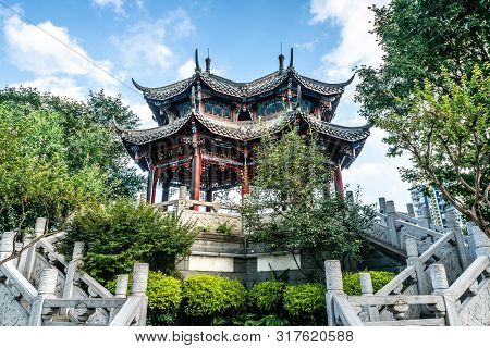 View Of The Hejiang Pavilion Symbol Of Love On Daytime In Chengdu Sichuan China Translation: Hejiang