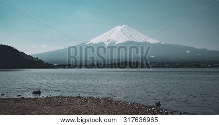 Mount Fuji View From Lake Kawaguchi, Yamanashi Prefecture, Japan. Fuji Mountain And Kawaguchiko Lake