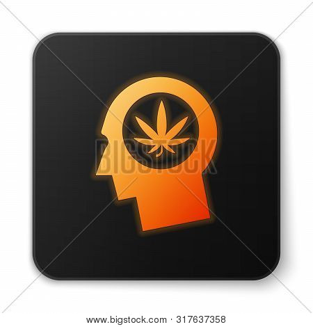 Orange Glowing Neon Silhouette Of Male Head In Profile With Marijuana Or Cannabis Leaf Icon Isolated