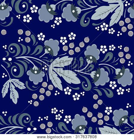 Seamless Floral Pattern In Folk Painting Style, Flowers, Leaves And Berries On A Bluebackground