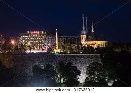 Luxembourg, Luxembourg - June 4, 2019: Night View Of Luxembourg City With Grand Hotel Cravat, Gelle 