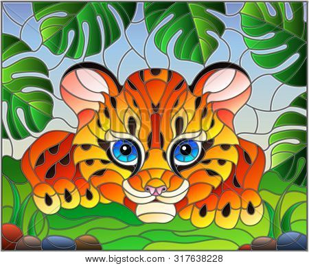 Illustration In Stained Glass Style With Baby Leopard On The Hunt, Animal On The Background Of Tropi