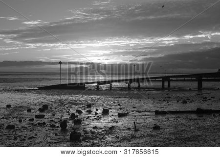 Black And White Image Of Southend Beach, Southend-on-sea, Essex, England