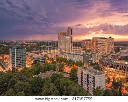 Munich From Above, A Panoramic Droneshot In The Colorful Evening.