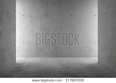 Abstract Empty, Modern Concrete Room With Sidelit Back Wall And Rough Floor - Industrial Interior Ba