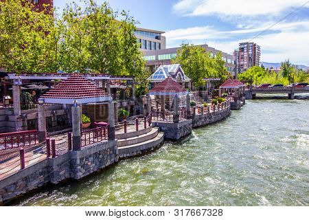 River Walk Modern Pavilions On Truckee River  In Reno, Nevada
