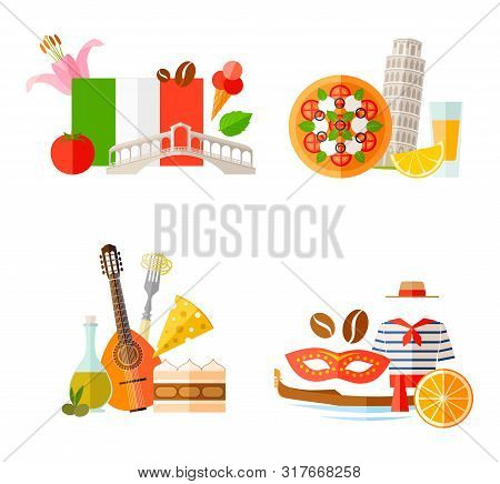 Pre-made Vector Templates On Travel In Italy, . Composition With Famous Italian Characters.