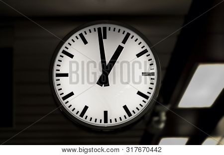 Large Clock On The Train Station. Railway Station Clock Hanging.