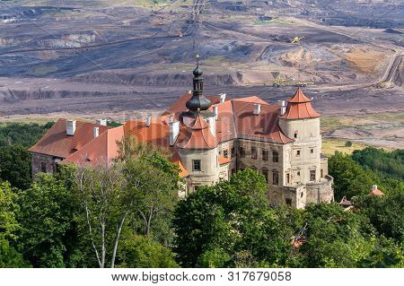 Jezeri Castle With Czechoslovak Army Coal Mine In Background, Horni Jiretin, Most District, Ustecky