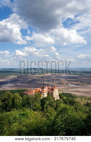 Jezeri Castle With Czechoslovak Army Coal Mine In Background, Horni Jiretin, Most District, Ustecky