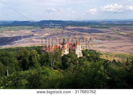 Jezeri Castle With Czechoslovak Army Coal Mine In Background, Horni Jiretin, Most District, Ustecky