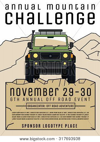 Motorsport Event Poster. Extreme Off-road Adventure. Truck Competition Flyer. Vertical Vector Illust